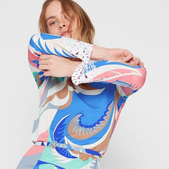 EMILIO PUCCI BLUE MULTI PRINT BELTED SEQUIN DRESS SIZE IT 46 / US 12-14 NWTS!